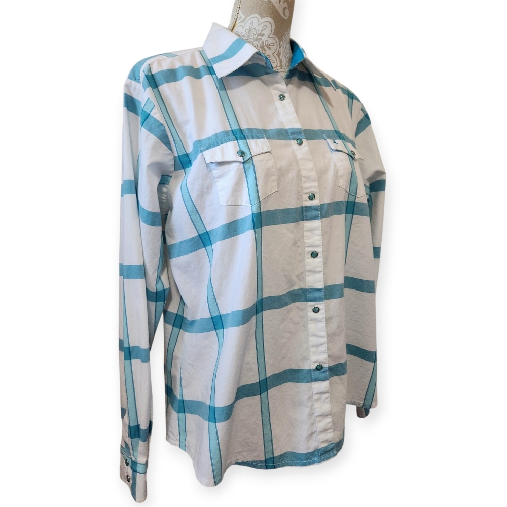 Aura by Wrangler Turquoise/White Western Plaid Pearl Snap L/S Shirt Size XL